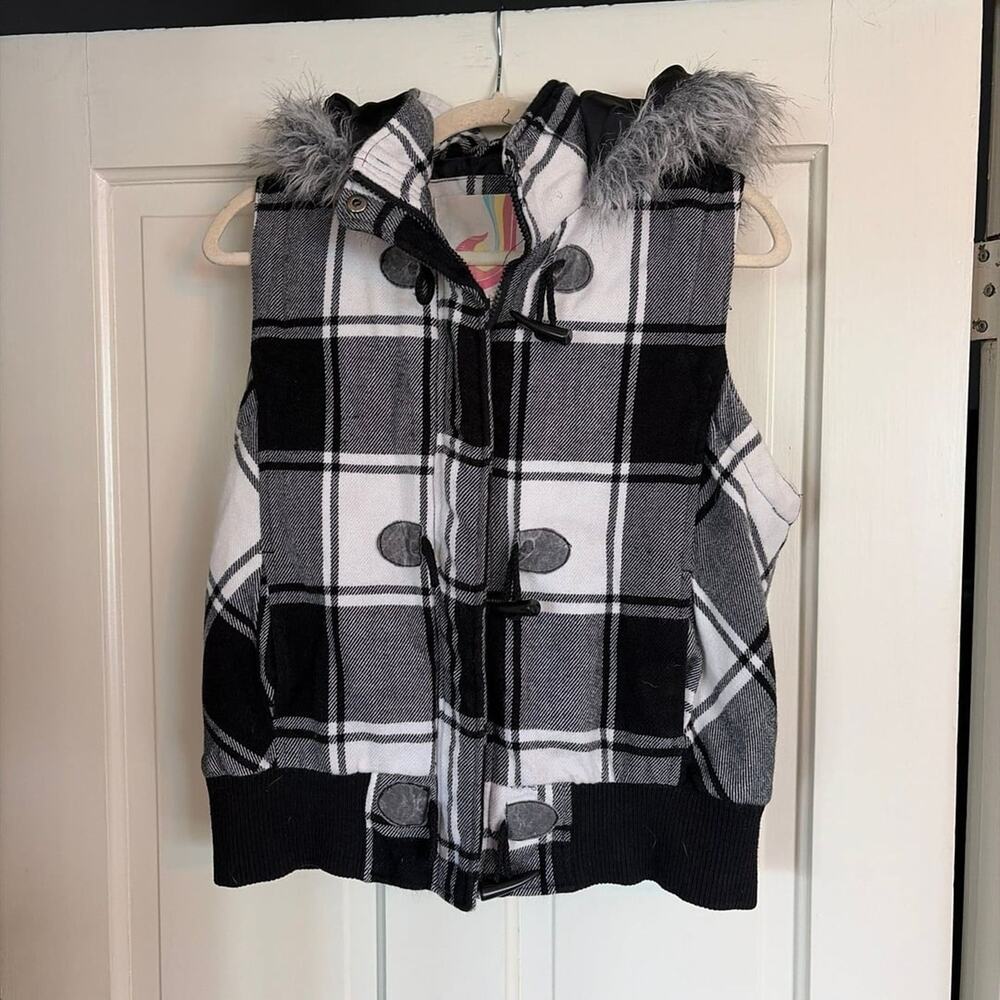 Op Ocean Pacific Plaid Hooded Puffer Vest with Faux Fur Trim